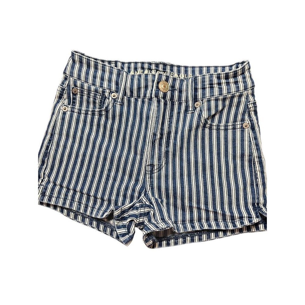 American Eagle Hi Rise Shortie Shorts Blue White Stripes Next Level Stretch Sz 0